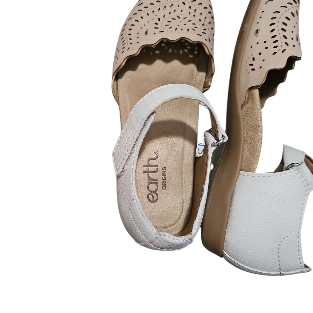 Earth Origins Laser-Cut Ankle-Strap Flats in White and Tan - Picture 6 of 10